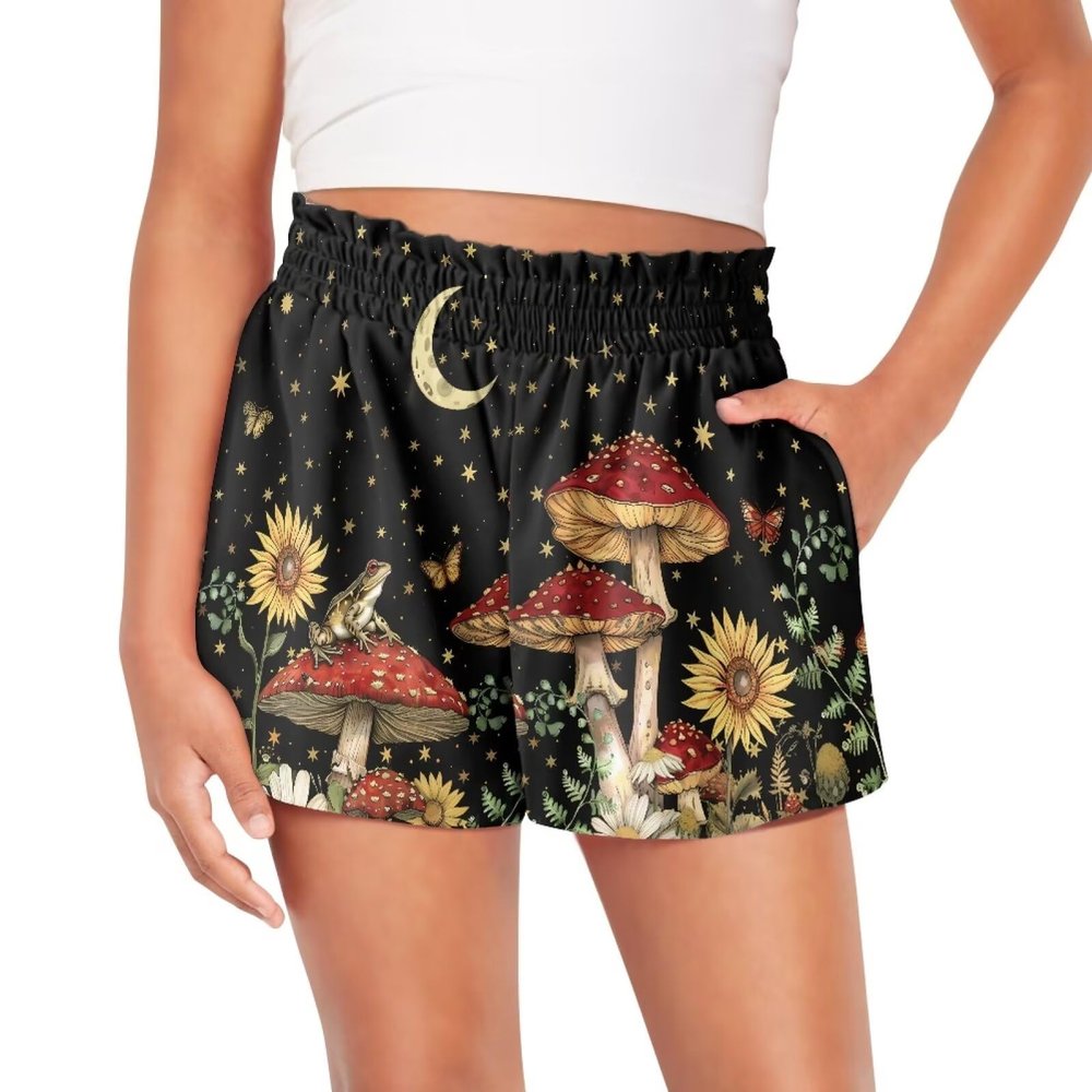 Pointodoor Mushroom Girls Athletic Shorts Summer Pull On Shorts Lightweight Running Shorts with Pockets High Waisted Sports Active Short for Teen Girl's Kids