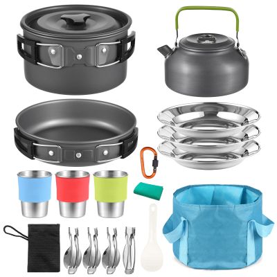 ACAGALA Camping Utensils Cooking Set 3 Person 22PCS Camping Pot and Pan Cooking Set Outdoor Camping Hiking Backpacking with Carry Bag Camp Cookware Set