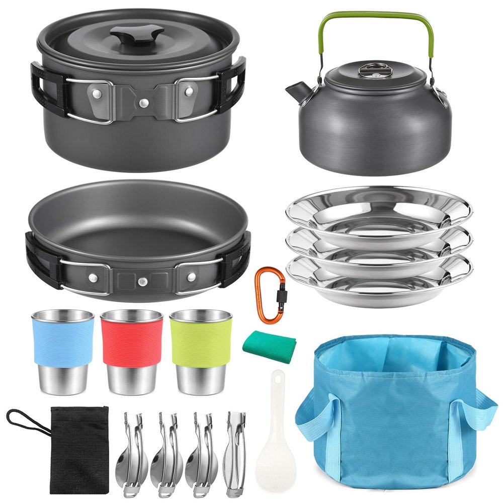 ACAGALA Camping Utensils Cooking Set 3 Person 22PCS Camping Pot and Pan Cooking Set Outdoor Camping Hiking Backpacking with Carry Bag Camp Cookware Set