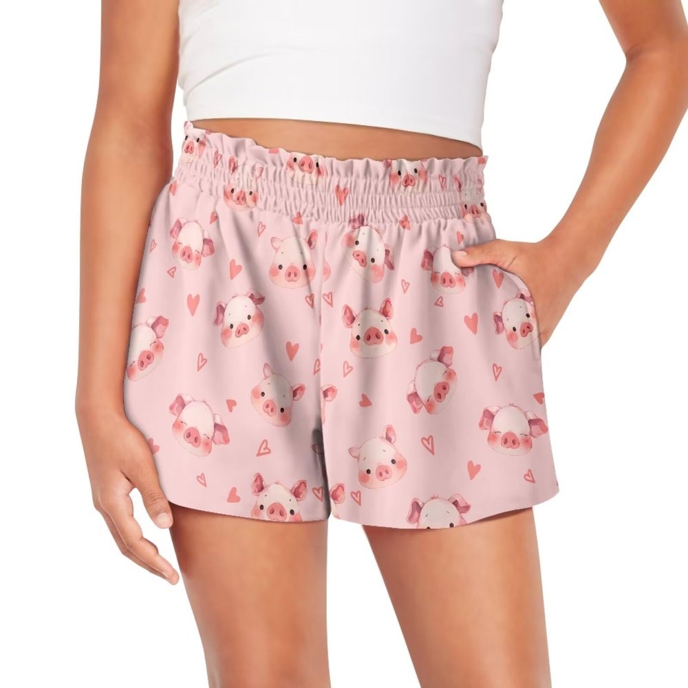 Pointodoor Pig Girls Athletic Shorts Cute Active Running Shorts Kids Summer Shorts with Pockets Casual High Waist Yoga Shorts for Girl 3-16 Years