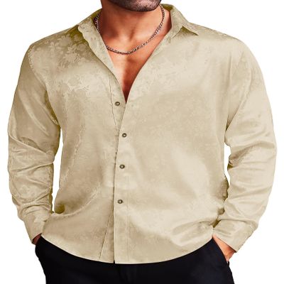 COOFANDY Men's Silk Satin Dress Shirts Jacquard Long Sleeve Floral Button Up Shirts Party Prom Wedding Shirt
