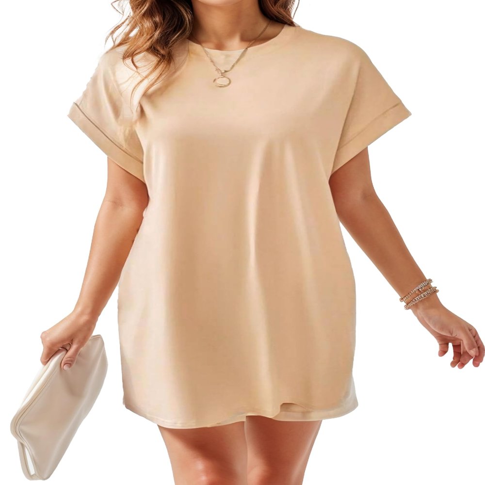 NineFit Basics Women's Short Sleeve Swing Dress with Pockets Casual T-Shirt Dresses Summer Beige, XX-Large