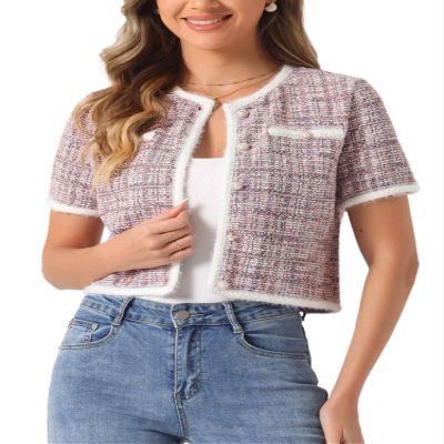 Allegra K Short Sleeve Tweed Jacket for Women Summer Crew Neck Button Front Cropped Cardigan Small Pink