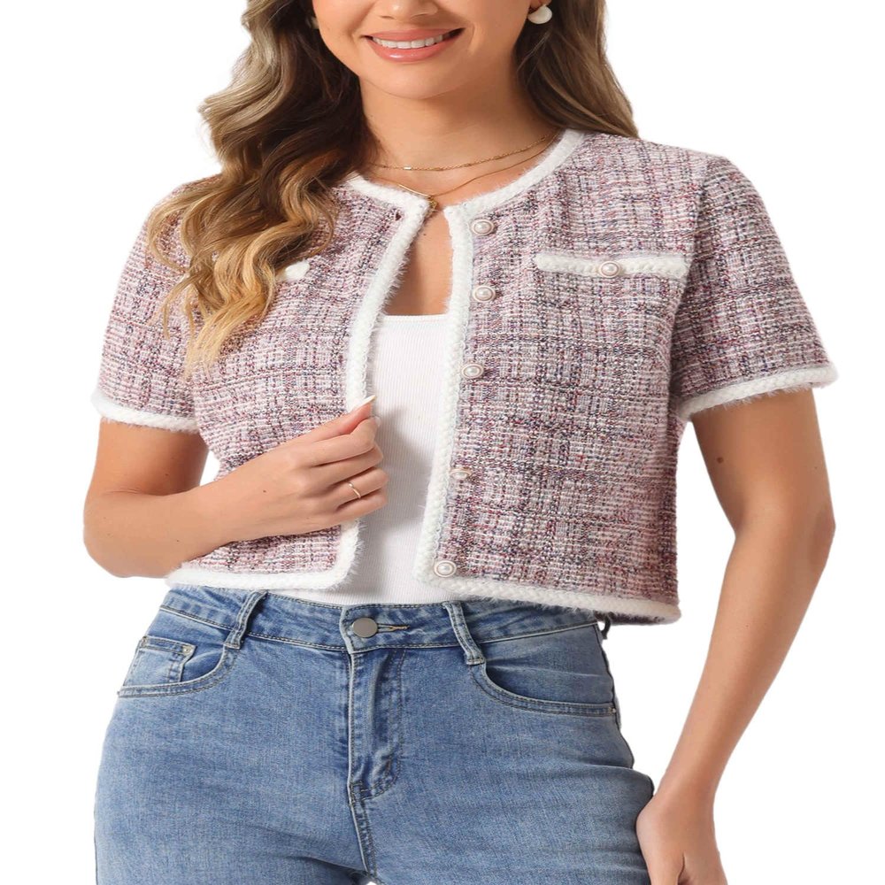 Allegra K Short Sleeve Tweed Jacket for Women Summer Crew Neck Button Front Cropped Cardigan Small Pink
