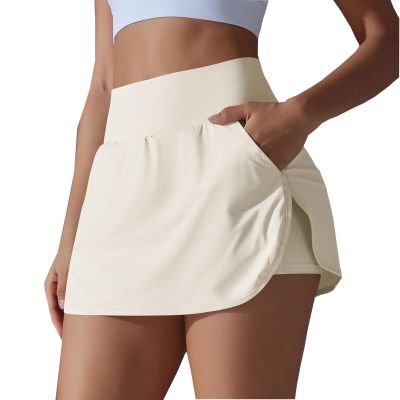 NineFit Basics Tennis Skirts for Women with Shorts High Waisted Athletic Skort Tummy Control Golf Skirt Running Shorts with Pockets Beige, Small