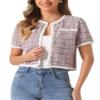 Allegra K Short Sleeve Tweed Jacket for Women Summer Crew Neck Button Front Cropped Cardigan X-Small Pink view 1