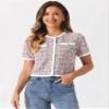 Allegra K Short Sleeve Tweed Jacket for Women Summer Crew Neck Button Front Cropped Cardigan X-Small Pink view 3