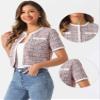 Allegra K Short Sleeve Tweed Jacket for Women Summer Crew Neck Button Front Cropped Cardigan X-Small Pink view 4