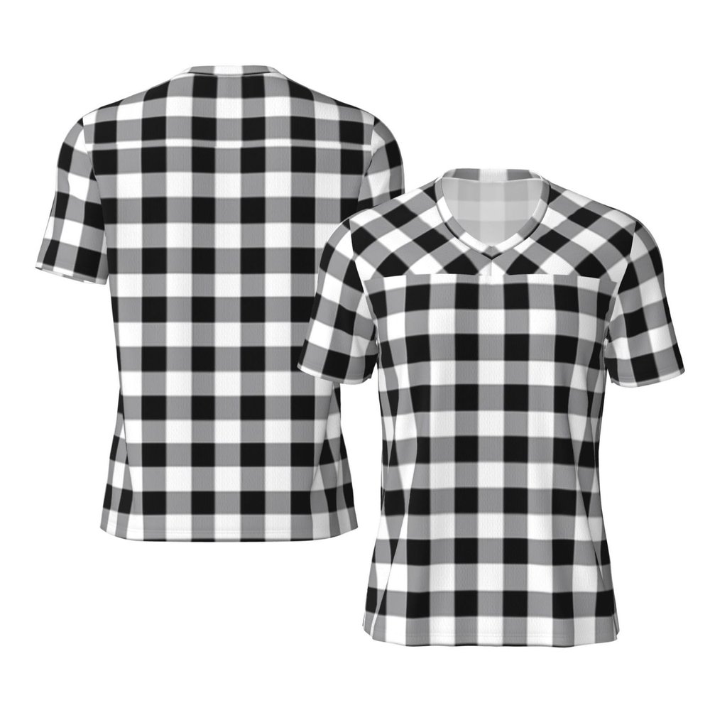 Stylish Athletic Sports Jersey Gingham-Black-White-Tartan Men's Rugby Jersey Medium