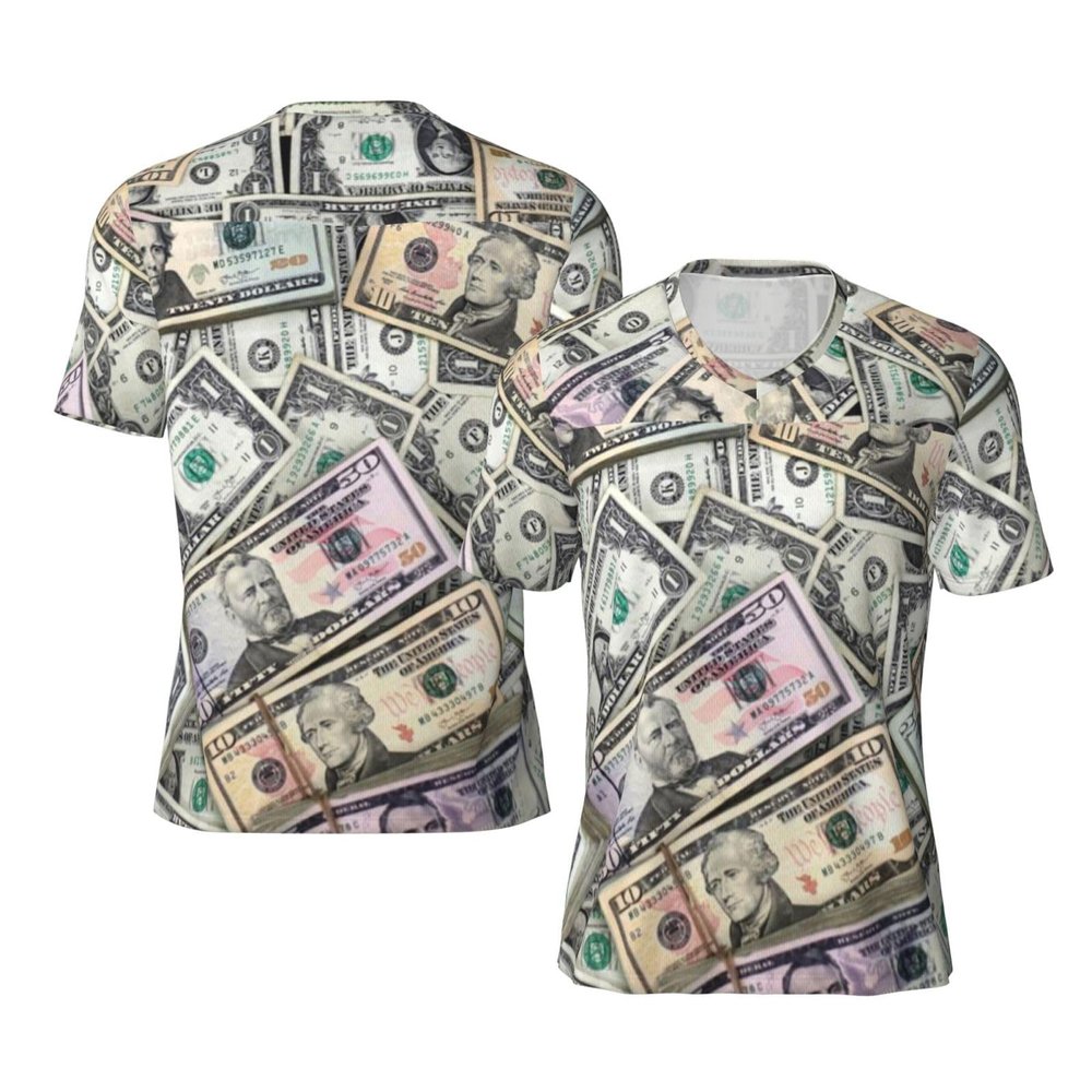 Stylish Athletic Sports Jersey Dollars-Money-Cash-Pattern Men's Rugby Jersey Large Black
