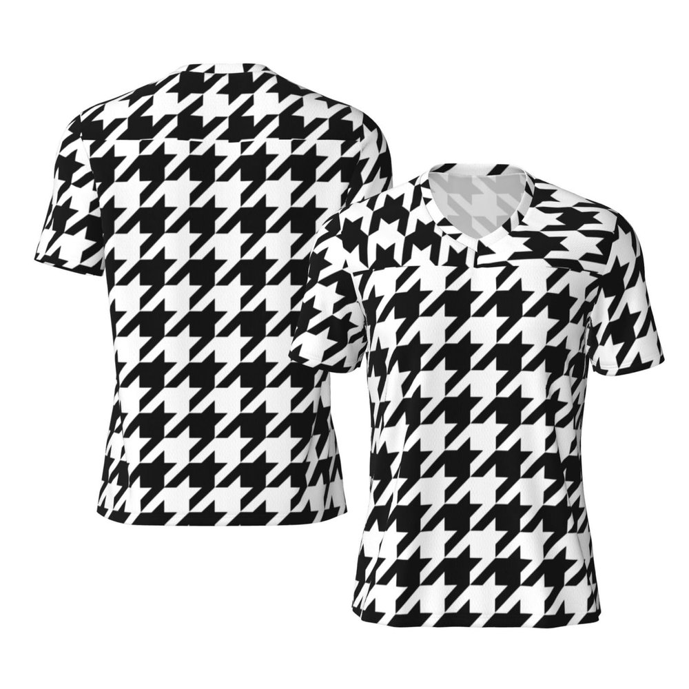 Stylish Athletic Sports Jersey Houndstooth-Tartan-Black-White Men's Rugby Jersey Large