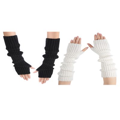 Arm Warmers, Fashion Winter Long Fingerless Gloves Knit Mitten Gloves Wrist Warmer with Thumb Hole for Women, Stretchy Arm Sleeves for Women, Black, White