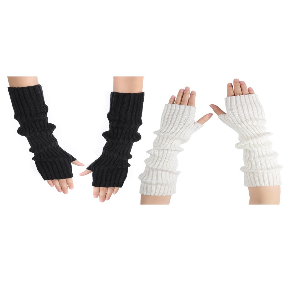 Arm Warmers, Fashion Winter Long Fingerless Gloves Knit Mitten Gloves Wrist Warmer with Thumb Hole for Women, Stretchy Arm Sleeves for Women, Black, White