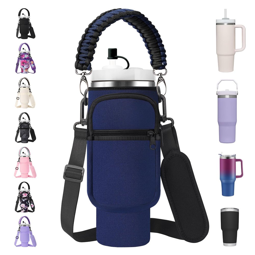 AceTreker 30 40 oz Stanley Cup Sleeve Bag with Paracord Handle & Straw Cap, Neoprene Insulated Thermos Car Mug Carrier Pouch with Phone Pocket for Walking Driving Work-Navy
