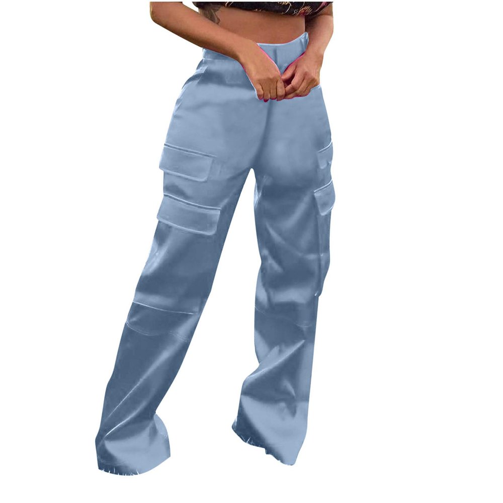 Satin Cargo Pants for Women High Waist Multiple Pockets Straight Wide Leg Trouser Casual Outdoor Flowy Palazzo Pants Light Blue
