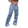 Satin Cargo Pants for Women High Waist Multiple Pockets Straight Wide Leg Trouser Casual Outdoor Flowy Palazzo Pants Light Blue view 1