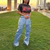 Satin Cargo Pants for Women High Waist Multiple Pockets Straight Wide Leg Trouser Casual Outdoor Flowy Palazzo Pants Light Blue view 2