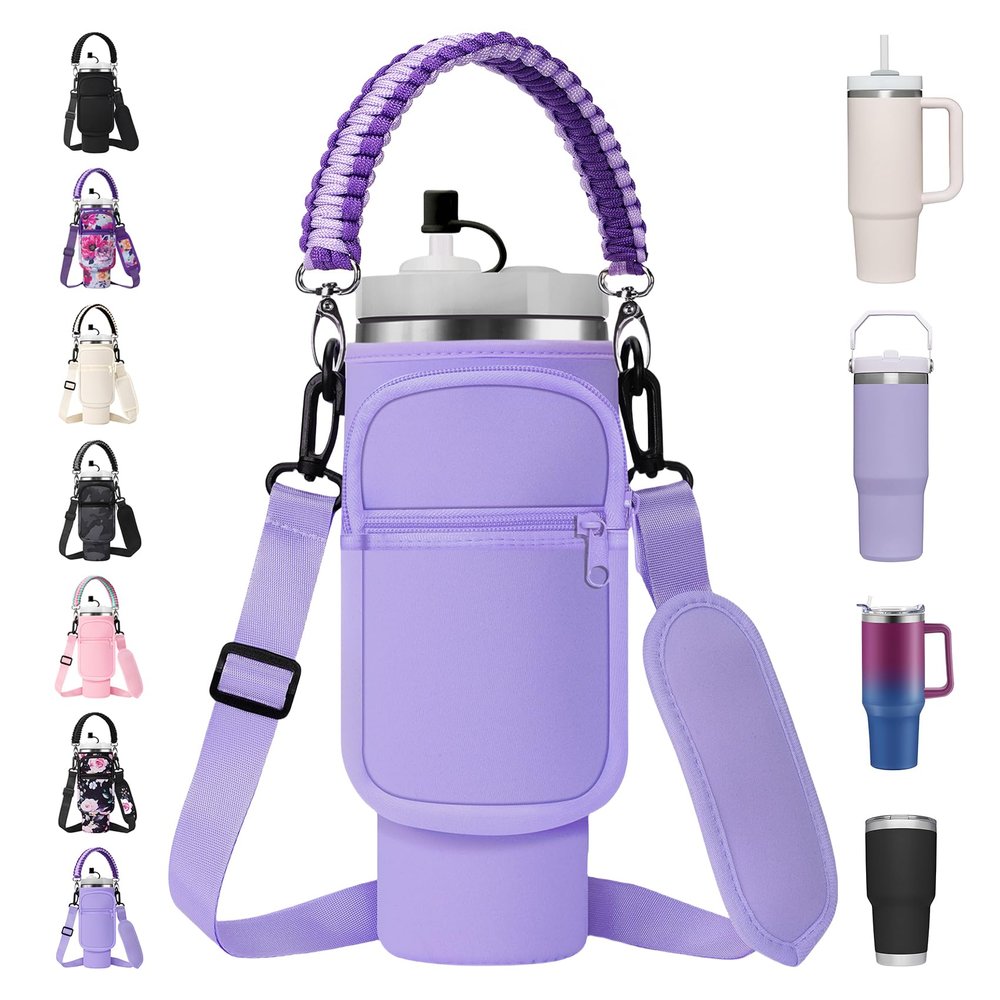 AceTreker Water Bottle Sleeve Bag for Stanley 30/40 oz Tumbler with Handle & 2 Pockets, Neoprene Metal Travel Coffee Mug Carrying Sling Accessories-Purple