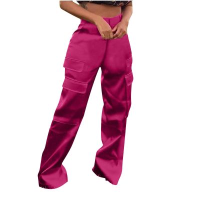 NineFit Basics Women High Waisted Satin Cargo Pants Wide Leg Casual Pants Multi Pockets Silk Baggy Flowy Long Straight Leg Trousers, Small, Hot Pink
