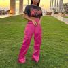 NineFit Basics Women High Waisted Satin Cargo Pants Wide Leg Casual Pants Multi Pockets Silk Baggy Flowy Long Straight Leg Trousers, Small, Hot Pink view 2