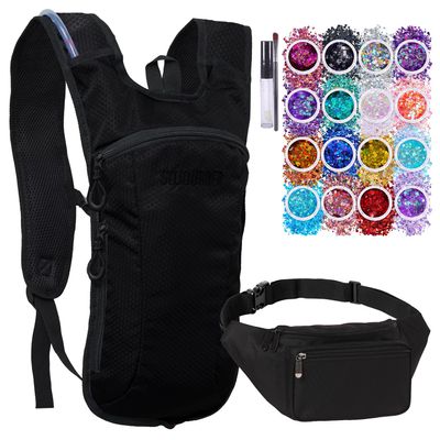 Solid Black Small Hydration Pack Bundle with Fanny Pack and 16 Pack Glitters