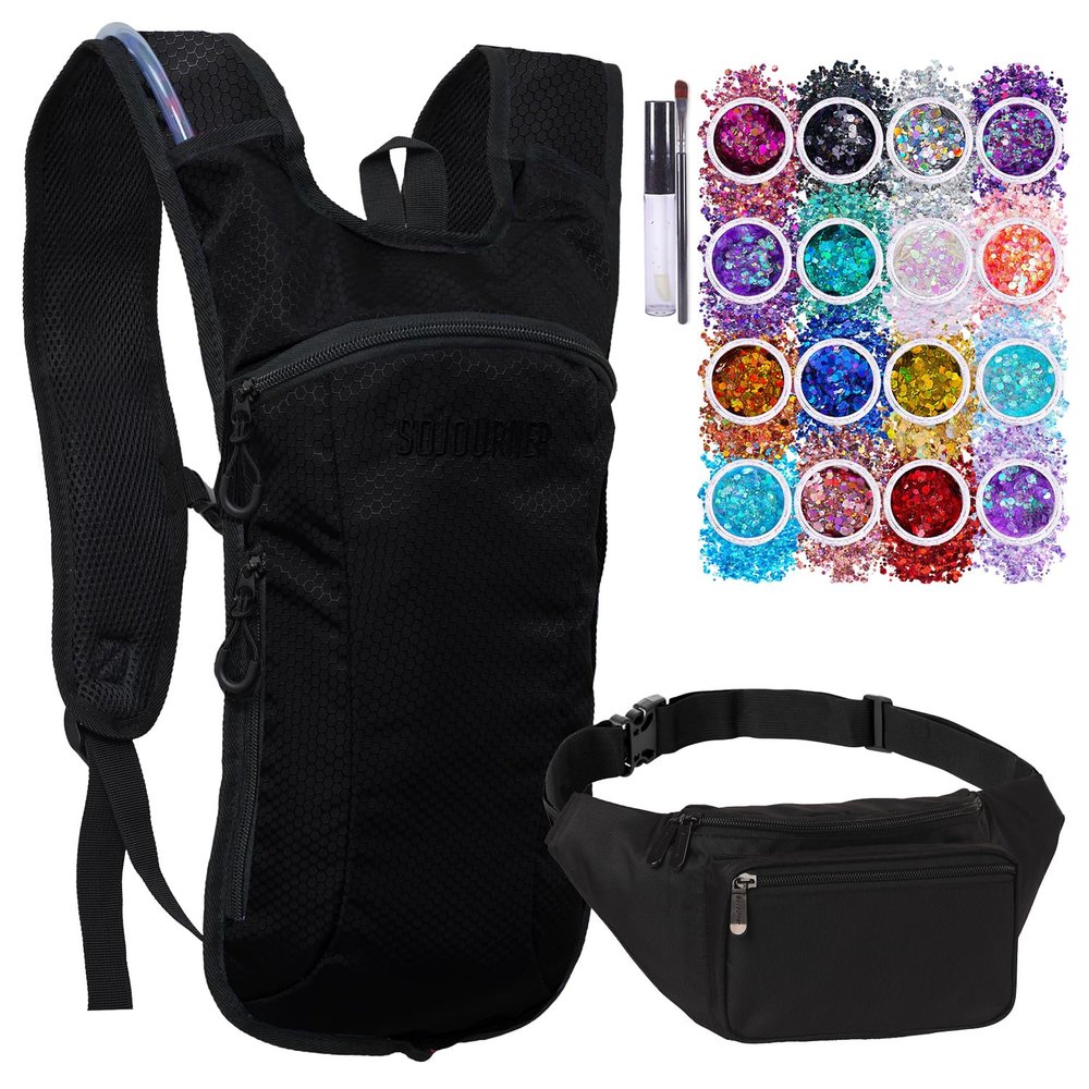 Solid Black Small Hydration Pack Bundle with Fanny Pack and 16 Pack Glitters