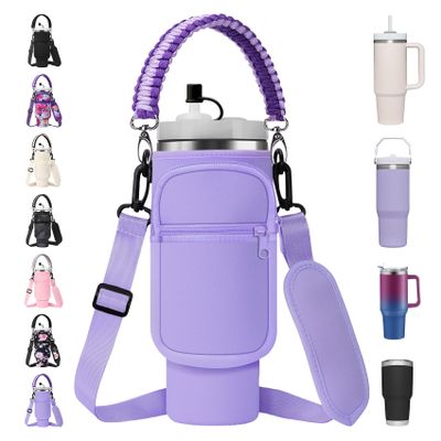 AceTreker Water Bottle Sling Bag with Paracord Handle for Stanley 30/40 oz Tumbler Neoprene Insulated Cup Sleeve with 2 Pockets & Adjustable Strap & Straw Cap for Stanley Cup Accessories-Purple