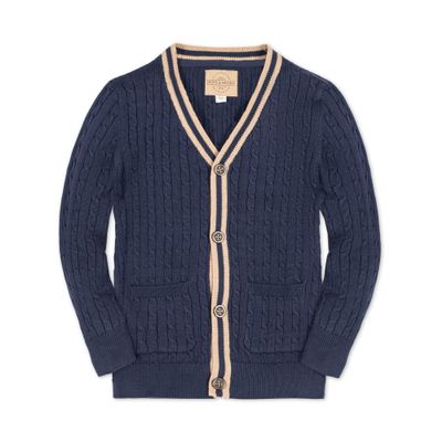 Hope & Henry Boys' Organic Long Sleeve Cable Knit Cardigan Sweater with Stripe Trim, XX-Small, Navy Cable with Camel