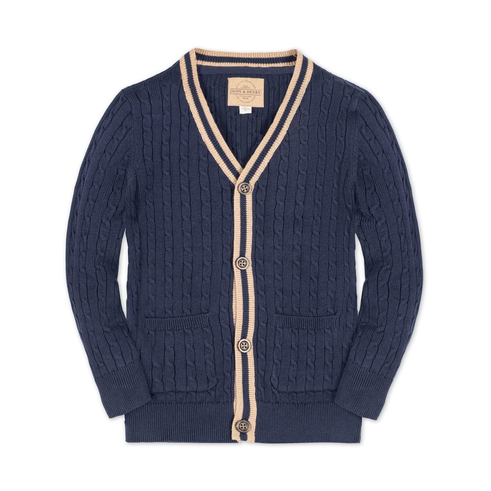 Hope & Henry Boys' Organic Long Sleeve Cable Knit Cardigan Sweater with Stripe Trim, XX-Small, Navy Cable with Camel
