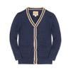 Hope & Henry Boys' Organic Long Sleeve Cable Knit Cardigan Sweater with Stripe Trim, XX-Small, Navy Cable with Camel view 1