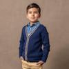 Hope & Henry Boys' Organic Long Sleeve Cable Knit Cardigan Sweater with Stripe Trim, XX-Small, Navy Cable with Camel view 2