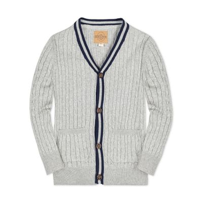 Hope & Henry Boys' Organic Long Sleeve Cable Knit Cardigan Sweater with Stripe Trim, X-Small, Gray Heather Cable with Navy