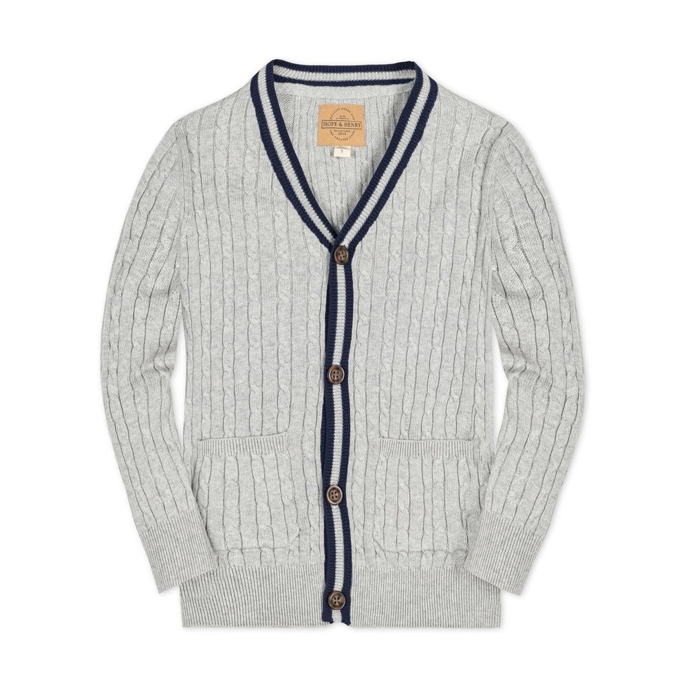 Hope & Henry Boys' Organic Long Sleeve Cable Knit Cardigan Sweater with Stripe Trim, X-Small, Gray Heather Cable with Navy