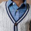 Hope & Henry Boys' Organic Long Sleeve Cable Knit Cardigan Sweater with Stripe Trim, X-Small, Gray Heather Cable with Navy view 4
