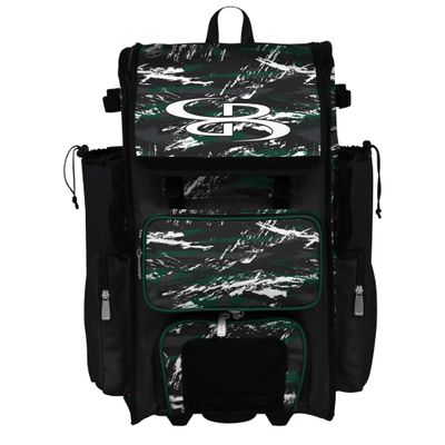 Boombah Rolling Superpack Baseball/Softball Gear Bag - Telescopic Handle - Holds 4 Bats - Wheeled Version - Razor Black/Dark Green/White