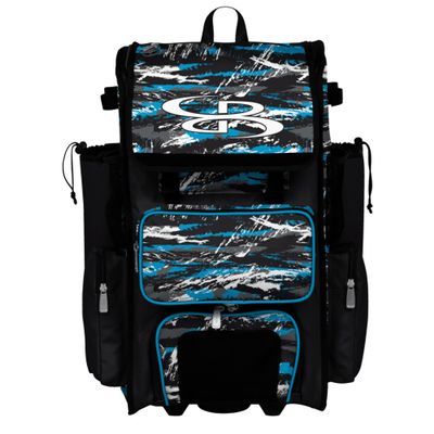 Boombah Rolling Superpack Baseball/Softball Gear Bag - Telescopic Handle - Holds 4 Bats - Wheeled Version - Razor Black/Columbia/White