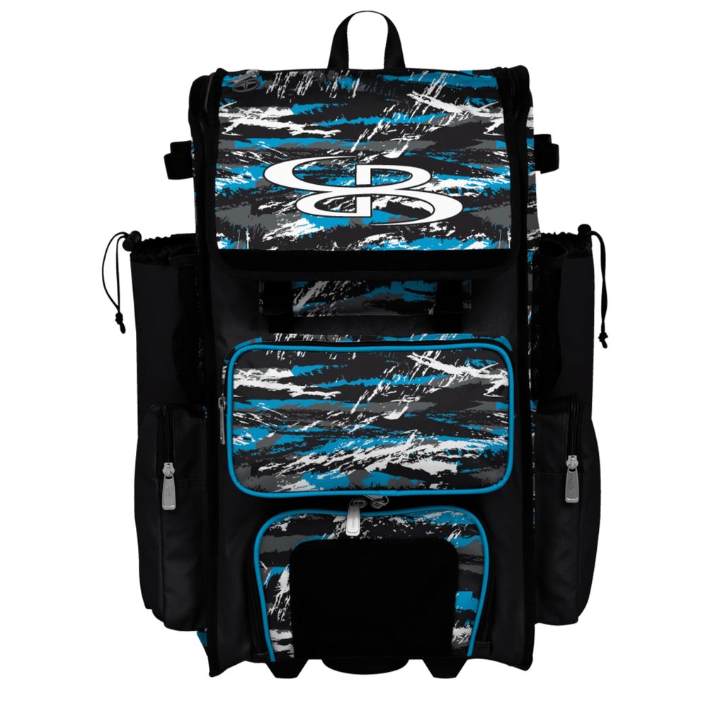 Boombah Rolling Superpack Baseball/Softball Gear Bag - Telescopic Handle - Holds 4 Bats - Wheeled Version - Razor Black/Columbia/White