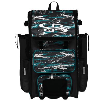 Boombah Rolling Superpack Baseball/Softball Gear Bag - Telescopic Handle - Holds 4 Bats - Wheeled Version - Razor Black/Teal/White