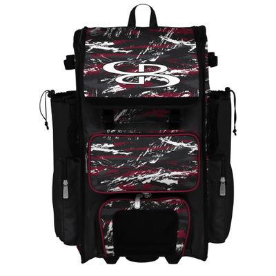 Boombah Rolling Superpack Baseball/Softball Gear Bag - Telescopic Handle - Holds 4 Bats - Wheeled Version - Razor Black/Cardinal/White