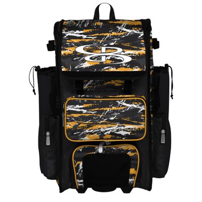 Boombah Rolling Superpack Baseball/Softball Gear Bag - Telescopic Handle - Holds 4 Bats - Wheeled Version - Razor Black/Gold/White