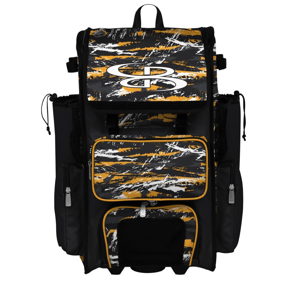 Boombah Rolling Superpack Baseball/Softball Gear Bag - Telescopic Handle - Holds 4 Bats - Wheeled Version - Razor Black/Gold/White