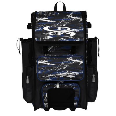 Boombah Rolling Superpack Baseball/Softball Gear Bag - Telescopic Handle - Holds 4 Bats - Wheeled Version - Razor Black/Royal Blue/White