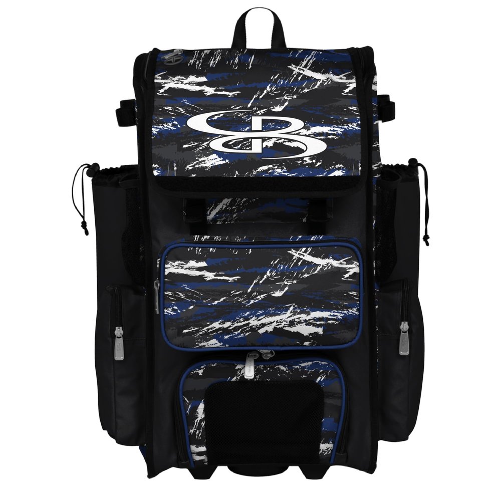 Boombah Rolling Superpack Baseball/Softball Gear Bag - Telescopic Handle - Holds 4 Bats - Wheeled Version - Razor Black/Royal Blue/White