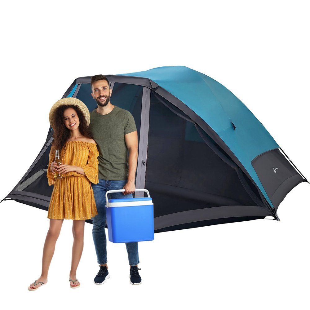 6 Person Camping Tent - Water-Resistant Cabin Style Outdoor Shelter with Built-in Screen Tent and Carrying Bag by Wakeman Outdoors (Blue)