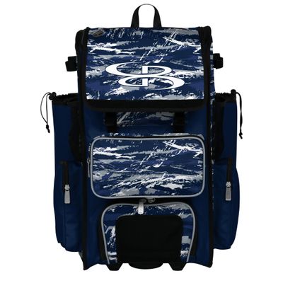 Boombah Rolling Superpack Baseball/Softball Gear Bag - Telescopic Handle - Holds 4 Bats - Wheeled Version - Razor Navy/Gray/White