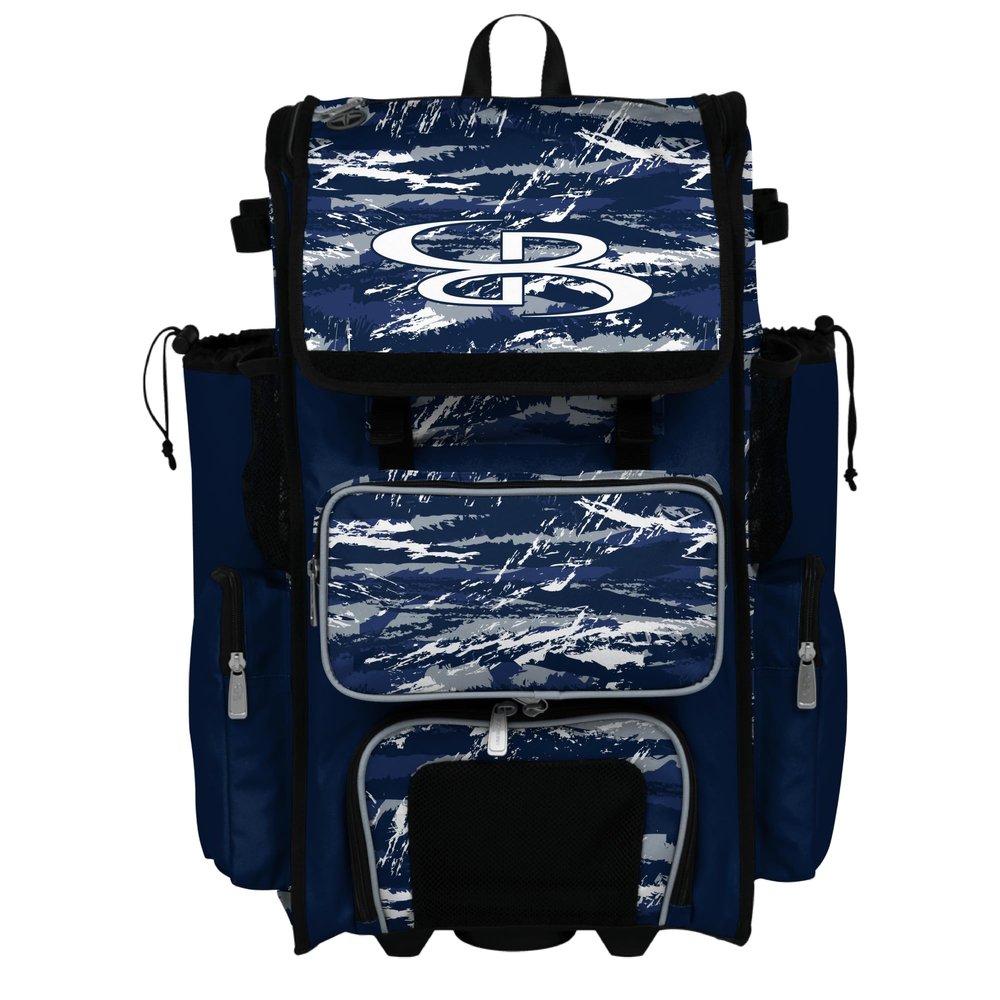Boombah Rolling Superpack Baseball/Softball Gear Bag - Telescopic Handle - Holds 4 Bats - Wheeled Version - Razor Navy/Gray/White