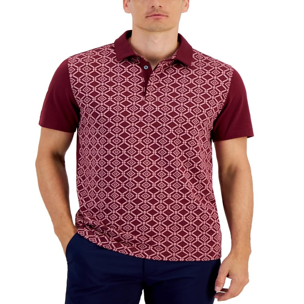 Alfani Men's Niko Regular Fit Geo Jacquard Polo Shirt Maroon Banner Red Small