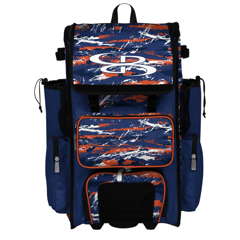 Boombah Rolling Superpack Baseball/Softball Gear Bag - Telescopic Handle - Holds 4 Bats - Wheeled Version - Razor Royal Blue/Orange/White
