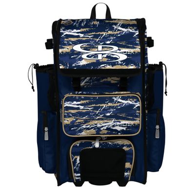 Boombah Rolling Superpack Baseball/Softball Gear Bag - Telescopic Handle - Holds 4 Bats - Wheeled Version - Razor Navy/Vegas Gold/White