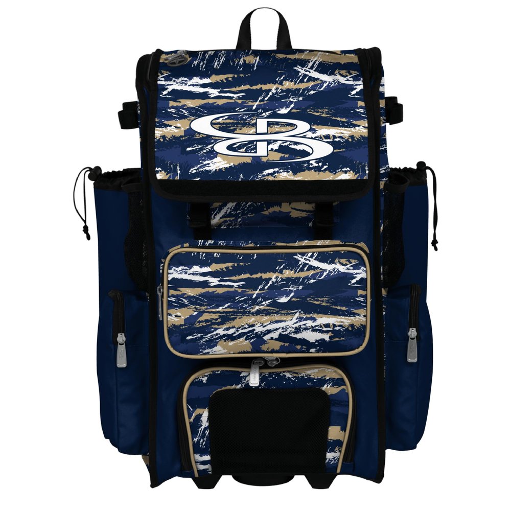 Boombah Rolling Superpack Baseball/Softball Gear Bag - Telescopic Handle - Holds 4 Bats - Wheeled Version - Razor Navy/Vegas Gold/White